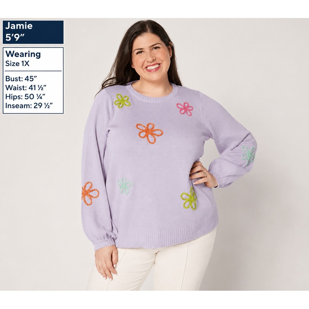 Belle by Kim Gravel Femme Flowers Chenille Daisy Sweater Lavender Fog, Size 1X
